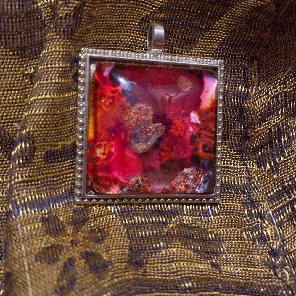 Abstract Alcohol Ink Art Set in Silvertone & and protected Under Domed Glass